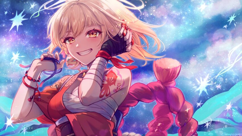 1girl alternate_hairstyle bandaged_arm bandages blonde_hair blush bracelet breasts chest_sarashi comb genshin_impact gloves grin hadanugi_dousa hair_down japanese_clothes jewelry kimono looking_at_viewer mapogeso medium_breasts nail_polish obi open_clothes open_kimono orange_eyes red_kimono red_nails rope sarashi sash shimenawa single_glove smile solo star_(symbol) tattoo twitter_username upper_body yoimiya_(genshin_impact)