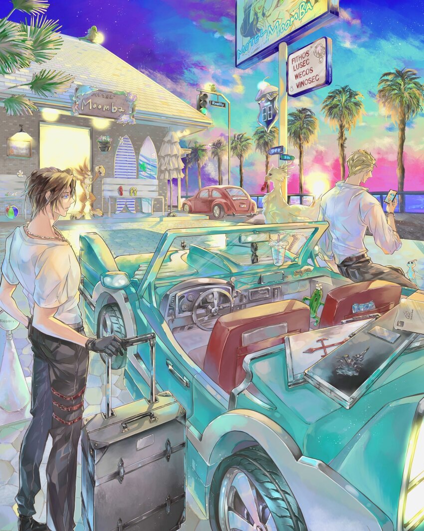 2boys aqua_car ball beachball billboard bird black_footwear black_gloves black_pants blonde_hair blue_eyes bracelet brown_hair building car chain chain_necklace chocobo convertible creature cup doorway eni_(yoyogieni) final_fantasy final_fantasy_viii gloves hair_between_eyes hair_slicked_back highres holding holding_phone jewelry leather leather_pants long_sleeves looking_at_another looking_at_phone male_focus moomba motor_vehicle multiple_boys necklace outdoors palm_tree pants parking_lot phone red_car rolling_suitcase scar scar_on_face scar_on_forehead seifer_almasy shirt short_hair short_sleeves sign sitting squall_leonhart standing suitcase sunglasses sunset thigh_strap tree umbrella white_shirt