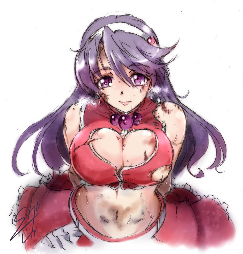 1girl asamiya_athena breasts cleavage dress female_focus headband highres large_breasts long_hair looking_at_viewer midriff navel psycho_soldier purple_hair smile snk solo sweat the_king_of_fighters the_king_of_fighters_2003 upper_body