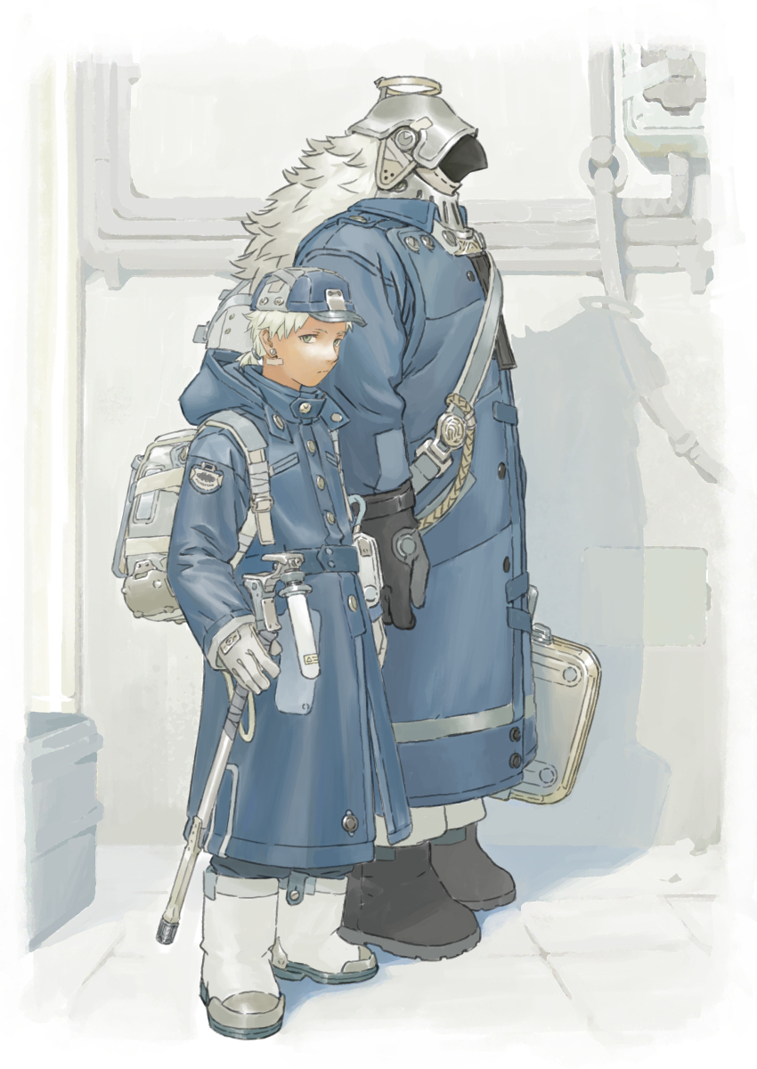 2boys absurdres backpack bag black_footwear black_gloves blue_coat blue_hat briefcase chenrong96 closed_mouth coat collared_coat earrings expressionless gloves green_eyes grey_bag grey_footwear grey_gloves grey_hair hat highres holding hood hood_down jewelry long_sleeves looking_at_viewer male_focus multiple_boys original ponytail short_hair short_ponytail standing
