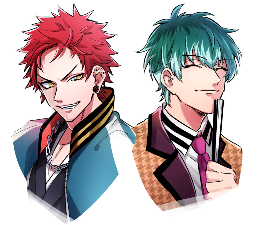 2boys ^_^ closed_eyes collared_shirt cropped_torso ear_piercing fangs folding_fan green_hair grin hand_fan harai_kuko holding holding_fan hypnosis_mic jacket kkkaaaayyy looking_at_another male_focus multicolored_hair multiple_boys necktie nurude_sasara piercing pink_necktie plug_(piercing) red_hair shirt simple_background smile two-tone_hair v-shaped_eyebrows white_background yellow_eyes