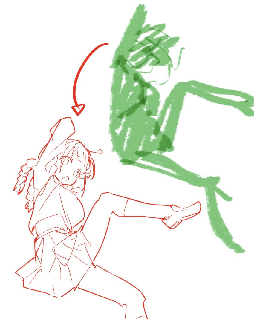 1girl boots guide highres how_to leaf long_sleeves monochrome oekakiism open_mouth original plant pleated_skirt short_hair sketch skirt solo