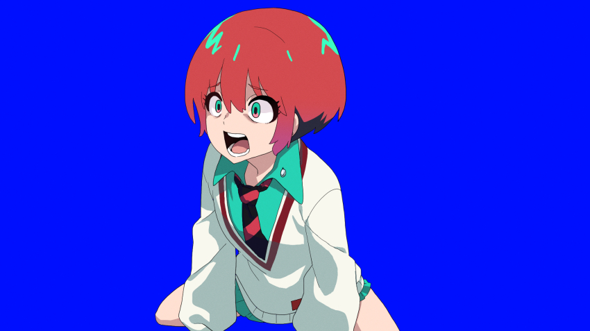 1girl amate_yuzuriha black_necktie blue_background blue_shirt blue_skirt cardigan collared_shirt commentary_request fuka_(kantoku) full_body green_eyes gundam gundam_gquuuuuux highres looking_afar manatsu_no_yo_no_inmu miniskirt necktie open_mouth red_hair red_necktie shirt short_hair simple_background sitting skirt solo striped_necktie surprised takuya_(acceed) teeth undercut wariza white_cardigan
