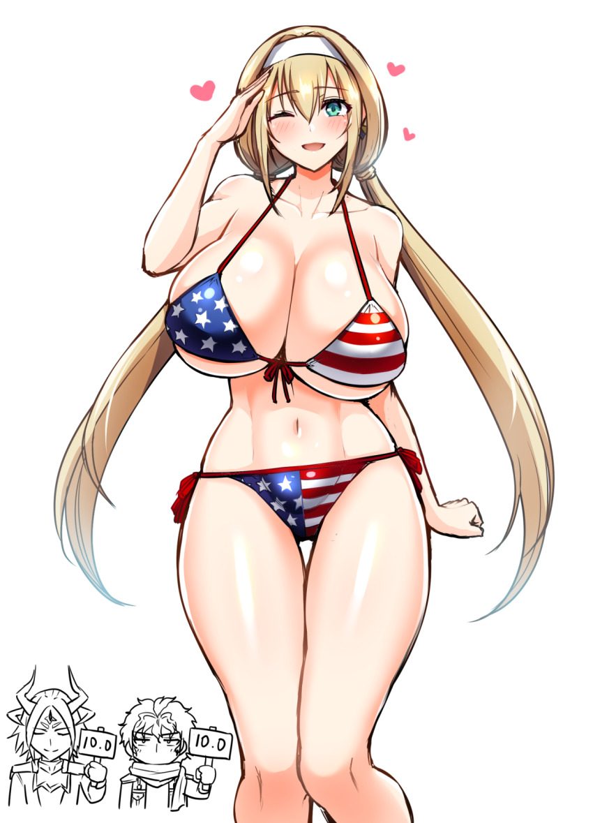 1girl american_flag american_flag_bikini american_flag_print bikini blonde_hair breasts caruleum_vaull cleavage commentary_request earrings edge_sainklaus flag_print green_eyes highres huge_breasts jewelry kanno_takanori long_hair low_twintails mitsuba_greyvalley one_eye_closed print_bikini simple_background single_earring super_robot_wars super_robot_wars_30 swimsuit twintails very_long_hair white_background