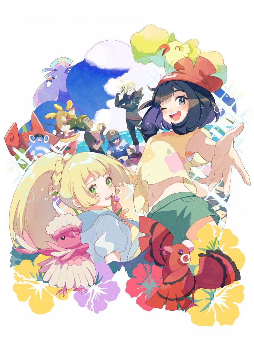 2girls absurdres alolan_form alolan_raichu beach black_hair blonde_hair blunt_bangs cloud cloudy_sky elio_(pokemon) floral_print food gen_4_pokemon gen_7_pokemon gladion_(pokemon) green_eyes green_shorts hau_(pokemon) highres lillie_(pokemon) long_hair looking_at_viewer multiple_girls navel nintendo ocean one_eye_closed open_mouth oricorio oricorio_(baile) oricorio_(pa&#039;u) oricorio_(pom-pom) oricorio_(sensu) outstretched_hand pokemon pokemon_sm ponytail popsicle pyukumuku red_headwear rotom rotom_dex sapphire_ethu selene_(pokemon) shirt shorts sky undershirt white_shirt yellow_shirt
