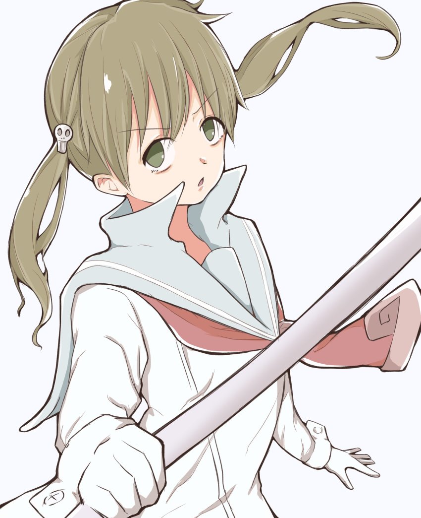 1girl brown_hair gloves green_eyes hair_ornament hairclip highres kapuhedo_(caplico_77) long_hair looking_at_viewer maka_albarn open_mouth simple_background solo soul_eater twintails weapon white_background white_gloves