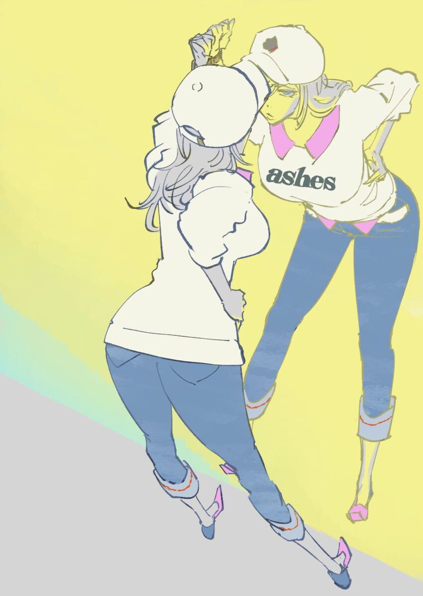 1girl alternate_costume bleach bleach:_sennen_kessen-hen blonde_hair blue_eyes denim highres jeans kubo_tite looking_at_viewer matsumoto_rangiku mirror non-web_source pants solo source_request