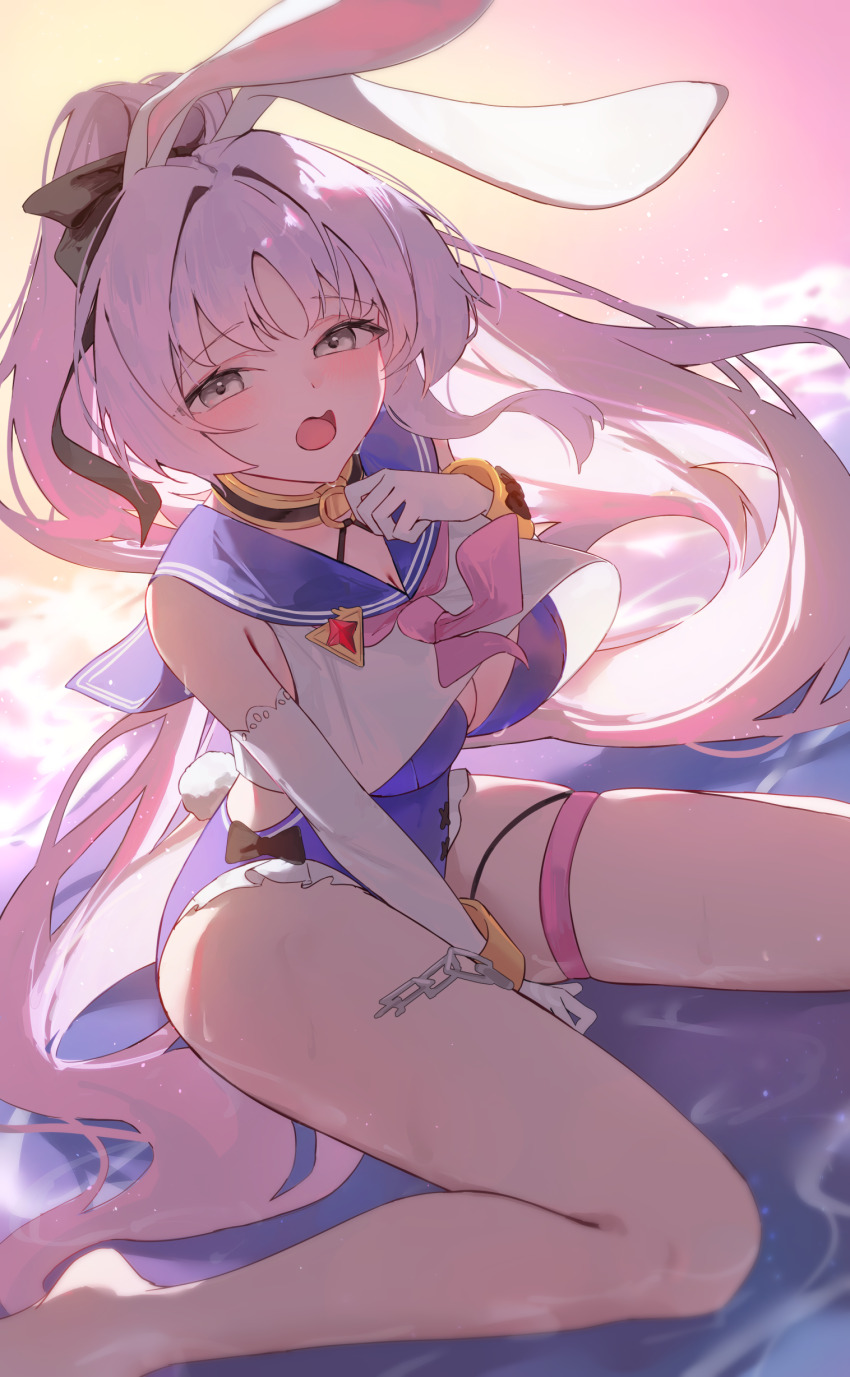 1girl absurdres animal_ears beach between_legs blue_one-piece_swimsuit blue_sailor_collar blush bow_swimsuit breasts chain chisei259 cleavage commentary crop_top cuffs dutch_angle elbow_gloves feet_out_of_frame frilled_one-piece_swimsuit frills gloves grey_eyes hair_intakes hand_between_legs hand_up highres large_breasts legs light_particles long_hair looking_at_viewer neckerchief ocean one-piece_swimsuit open_mouth outdoors pink_neckerchief ponytail purple_hair rabbit_ears sailor_collar sailor_one-piece_swimsuit shackles shia_(stella_sora) sitting solo stella_sora sunset swimsuit thigh_strap thighs very_long_hair wariza water wet white_gloves white_trim