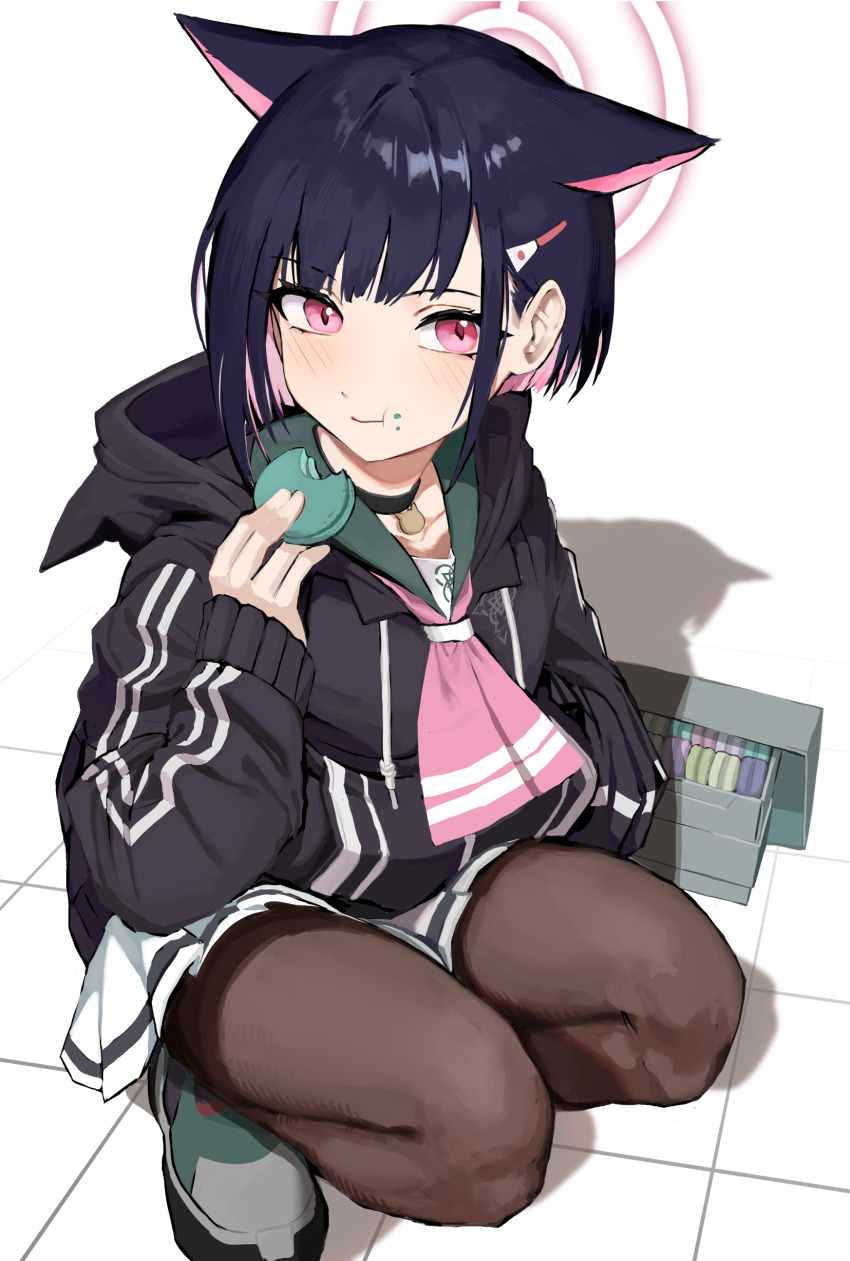 1girl absurdres animal_ears black_choker black_hair blue_archive blush brown_pantyhose choker food food_on_face franz2543 halo hand_in_own_hair highres holding holding_food hood hood_down hooded_jacket jacket kazusa_(blue_archive) long_sleeves looking_at_viewer macaron neckerchief pantyhose pink_hair pink_neckerchief pleated_skirt shoes skirt solo squatting track_jacket white_skirt