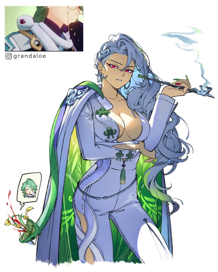 1boy 1girl baizhu_(genshin_impact) bodysuit breasts changsheng_(genshin_impact) collarbone eyeliner genshin_impact grandaloe highres holding holding_smoking_pipe instagram_username makeup multicolored_nails nail_polish pink_eyeliner pink_eyes scales smoking_pipe snake snake_print white_bodysuit white_hair