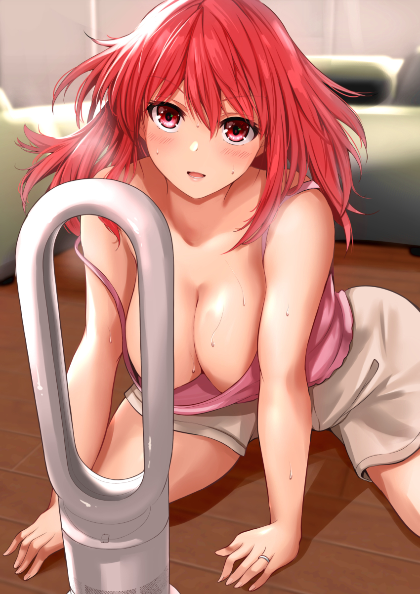 1girl bladeless_fan blush breasts cleavage convenient_censoring couch downblouse hanging_breasts highres jewelry large_breasts long_hair no_bra off_shoulder open_mouth original red_eyes red_hair ring shorts sitting solo strap_slip sweat tank_top wariza wedding_band yano_toshinori