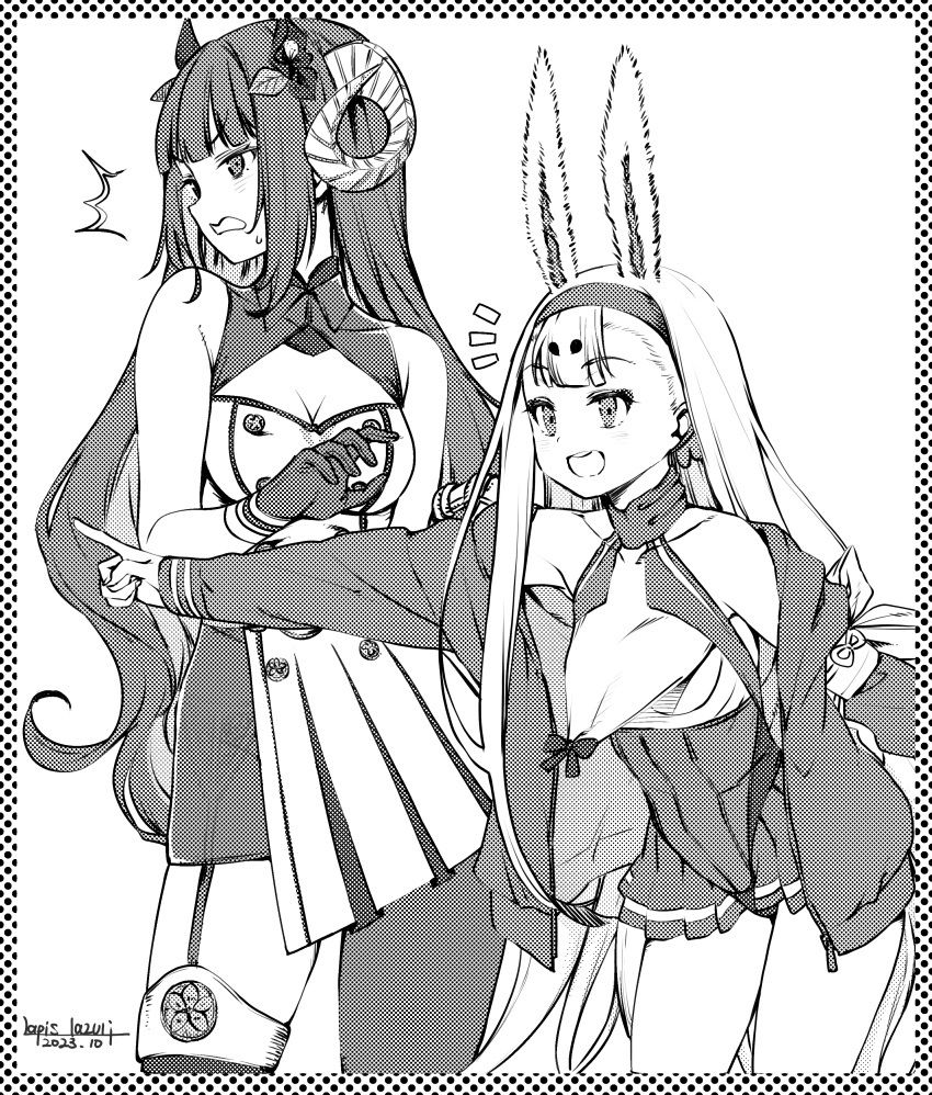2girls absurdres animal_ears azur_lane breasts cleavage commentary_request dress greyscale highres horns large_breasts monochrome multiple_girls open_mouth pointing rabbit_ears rabbit_girl shimakaze_(azur_lane) short_dress small_breasts suruga_(azur_lane) umyonge_(lkakeu)