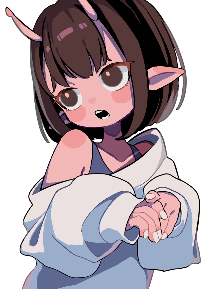 1girl antennae brown_eyes brown_hair colored_skin commentary_request cropped_torso highres jacket kujo_chiharu long_sleeves medium_hair milky_subway off_shoulder open_mouth pink_skin pointy_ears poka1030 simple_background solo teeth white_background white_jacket white_nails