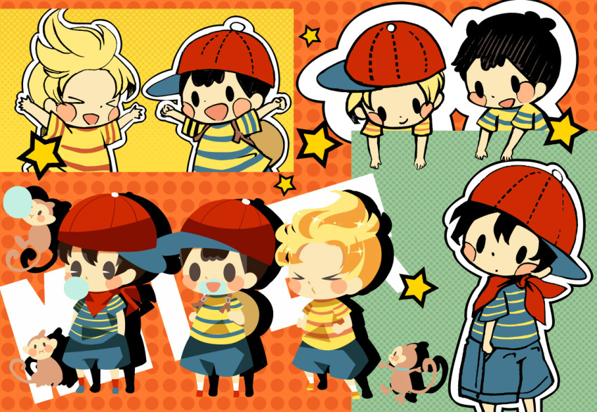 &gt;_&lt; 3boys arms_up backpack bag bandana baseball_cap black_hair blonde_hair blowing_bubble_gum blowing_bubbles blue_footwear blue_shorts blush_stickers brown_bag bubble_monkey chewing_gum clenched_hand drop_shadow full_body hat hitofutarai looking_back lucas_(mother_3) male_focus mother_(series) mother_1 mother_2 mother_3 multiple_boys multiple_views ness_(mother_2) ninten nintendo open_mouth orange_shoes pac-man_eyes red_bandana red_footwear red_headwear red_socks salsa_(mother) shirt shoes short_hair shorts sideways_hat smile socks solid_oval_eyes star_(symbol) striped_clothes striped_shirt white_socks