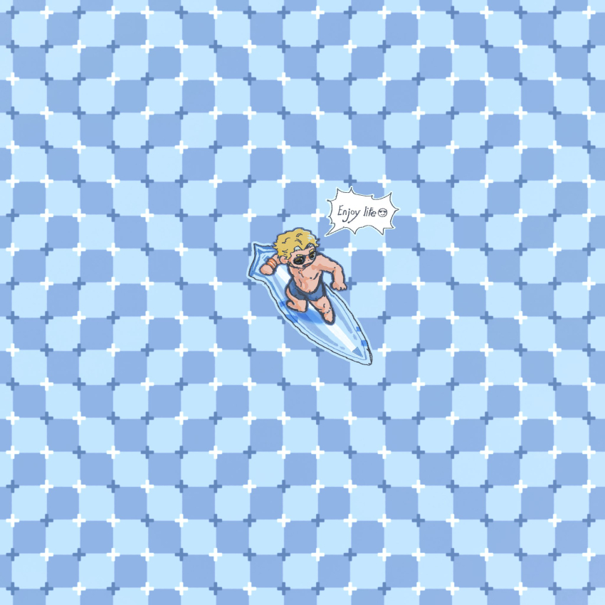 1boy :d blue_background checkered_background chibi chibi_only curly_(mouthwashing) curly_(pre-crash)_(mouthwashing) english_text fast_wood567 highres male_focus male_swimwear mouthwashing open_mouth optical_illusion primrose_field_illusion smile solo speech_bubble sunglasses surfboard surfing sweatband swim_trunks topless_male