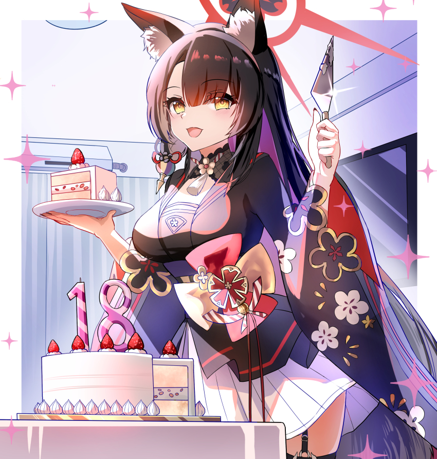 1girl :d absurdres animal_ear_fluff animal_ears birthday_cake black_hair black_kimono blue_archive blunt_bangs blush border breasts cake cake_slice cherry_blossom_print chinese_commentary colored_inner_hair commentary_request cowboy_shot eyelashes eyes_visible_through_hair floral_print floral_print_kimono food fox_ears fox_girl fox_tail fruit garter_straps gloves halo hands_up happy happy_birthday highres holding holding_plate indoors japanese_clothes kevin_(reillymark1) kimono large_breasts long_hair long_sleeves looking_at_viewer miniskirt multicolored_hair open_mouth outside_border plate pleated_skirt print_kimono red_halo sidelocks skirt smile solo sparkle straight_hair strawberry tail very_long_hair w_arms wakamo_(blue_archive) white_border white_skirt wide_sleeves yellow_eyes