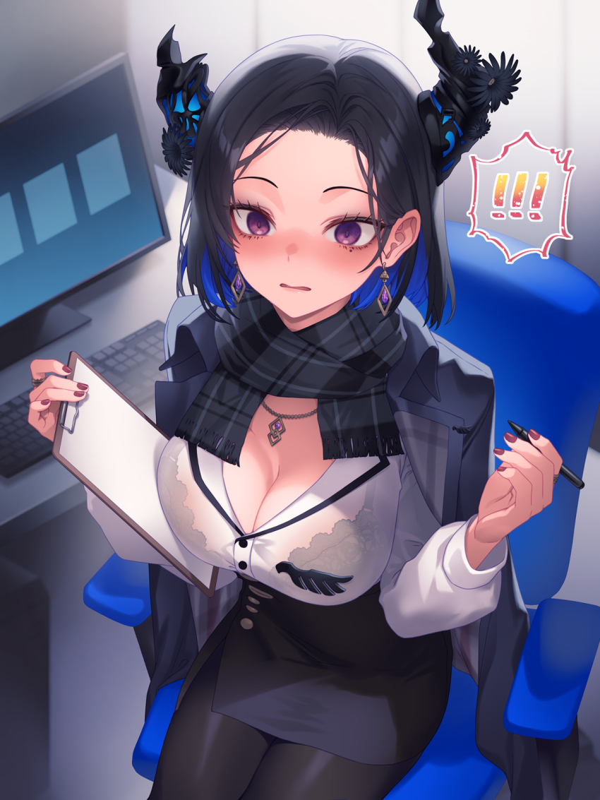 ! !! 1girl asymmetrical_horns black_hair black_scarf black_skirt blue_hair breasts chair cleavage colored_inner_hair computer_keyboard demon_horns desk dress_shirt earrings fingernails floating_earring flower forehead formal_clothes from_above high-waist_skirt highres holding holding_notepad holding_pen hololive hololive_english horn_flower horns indoors jacket jacket_on_shoulders jewelry kutori_pan&#039;ya lapels large_breasts light_blush looking_at_viewer mole mole_under_eye monitor multicolored_hair nail_polish necklace nerissa_ravencroft nerissa_ravencroft_(casual) notepad office_chair office_lady official_alternate_costume official_alternate_hairstyle open_mouth pankura pen pencil_skirt plaid_clothes plaid_scarf purple_eyes red_nails ring scarf shirt shirt_tucked_in short_hair signature sitting skirt skirt_suit solo spoken_exclamation_mark suit suit_jacket swivel_chair two-sided_fabric two-sided_jacket virtual_youtuber white_shirt