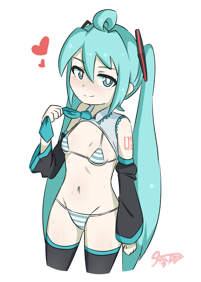 aged_down bikini black_thighhighs blue_eyes blue_hair blush breasts hatsune_miku heart jua long_hair looking_at_viewer navel nose panties simple_background small_breasts smile sweat swimsuit thighhighs underwear vocaloid white_background