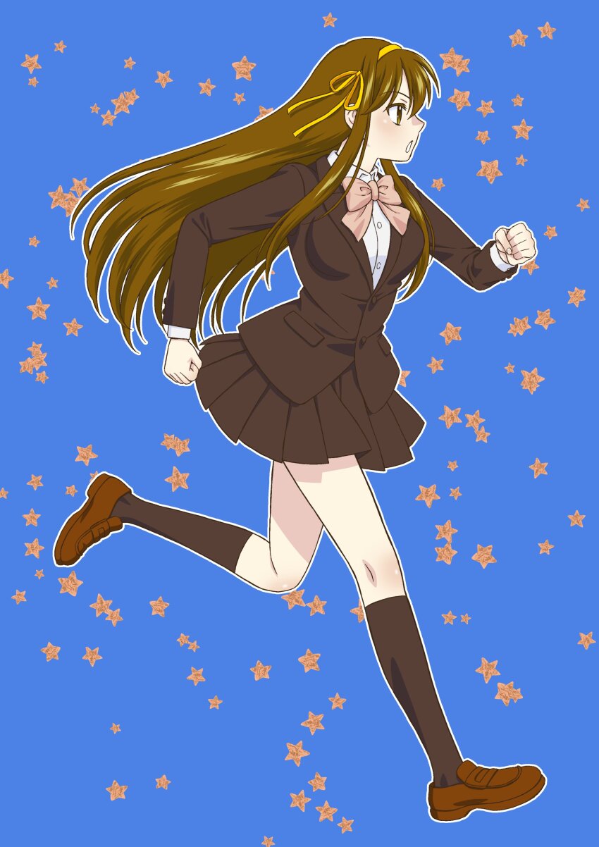 1girl absurdres black_socks blazer blue_background bow bowtie breasts brown_eyes brown_hair brown_jacket brown_shoes brown_skirt clenched_hands collared_shirt commentary_request full_body hair_ribbon hairband highres hoshikuzunoomoi jacket kneehighs kouyouen_academy_school_uniform loafers long_hair long_sleeves medium_breasts official_alternate_costume official_alternate_hair_length official_alternate_hairstyle pink_bow pink_bowtie pocket ribbon running school_uniform shirt shoes simple_background skirt socks solo star_(symbol) star_symbol_background suzumiya_haruhi suzumiya_haruhi_no_shoushitsu suzumiya_haruhi_no_yuuutsu white_shirt winter_uniform yellow_hairband yellow_ribbon