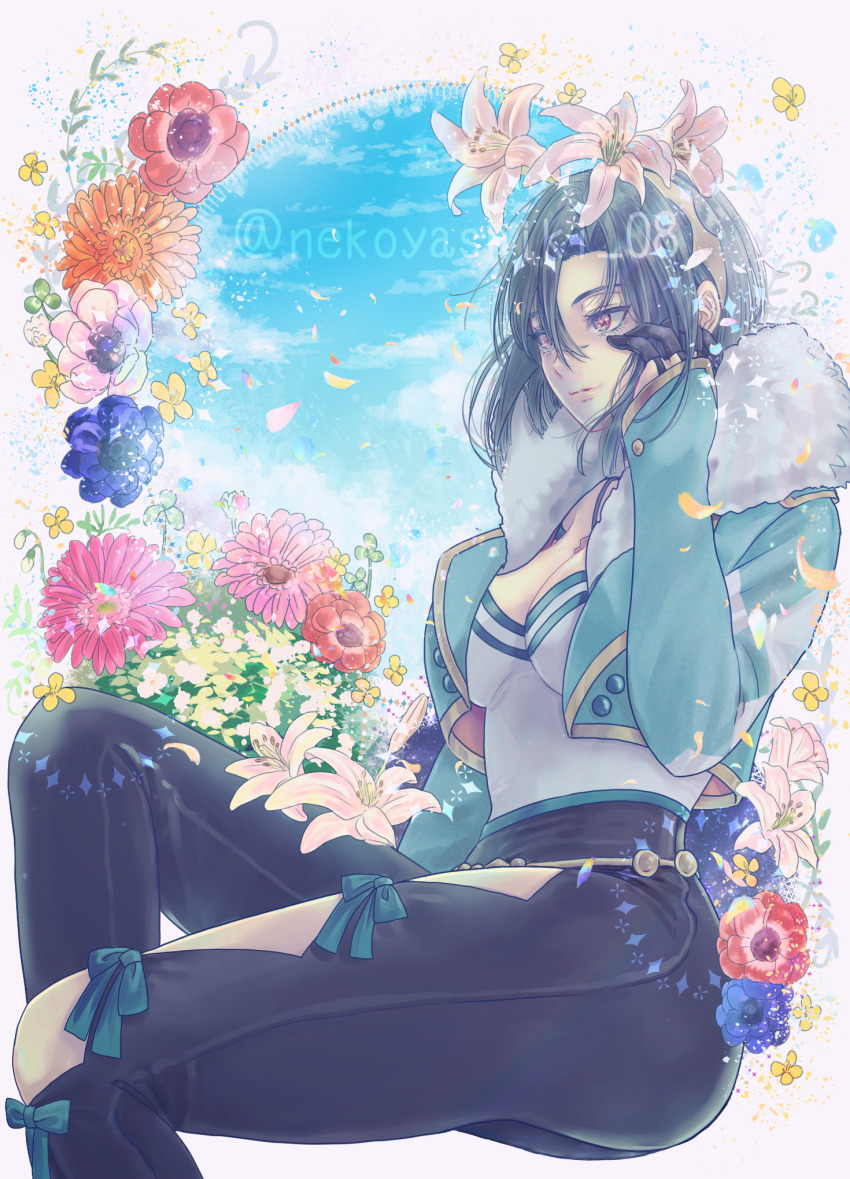 1girl ass asymmetrical_clothes black_hair breasts cleavage fire_emblem fire_emblem_engage hair_between_eyes highres long_sleeves looking_to_the_side medium_breasts nekoyashiki_08 nel_(fire_emblem) nintendo red_eyes sitting solo