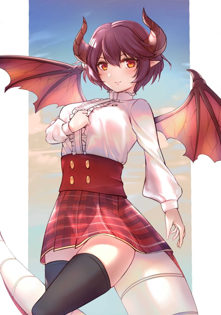 1girl black_thighhighs breasts brown_hair buttons closed_mouth dragon_girl dragon_horns dragon_tail dragon_wings frilled_shirt frills grea_(shingeki_no_bahamut) highres horns large_breasts long_sleeves looking_at_viewer manaria_friends medium_hair orange_eyes plaid_clothes plaid_skirt pointy_ears red_skirt shingeki_no_bahamut shirt skirt smile solo tail thighhighs white_shirt wings yodaka_(yodakano_)