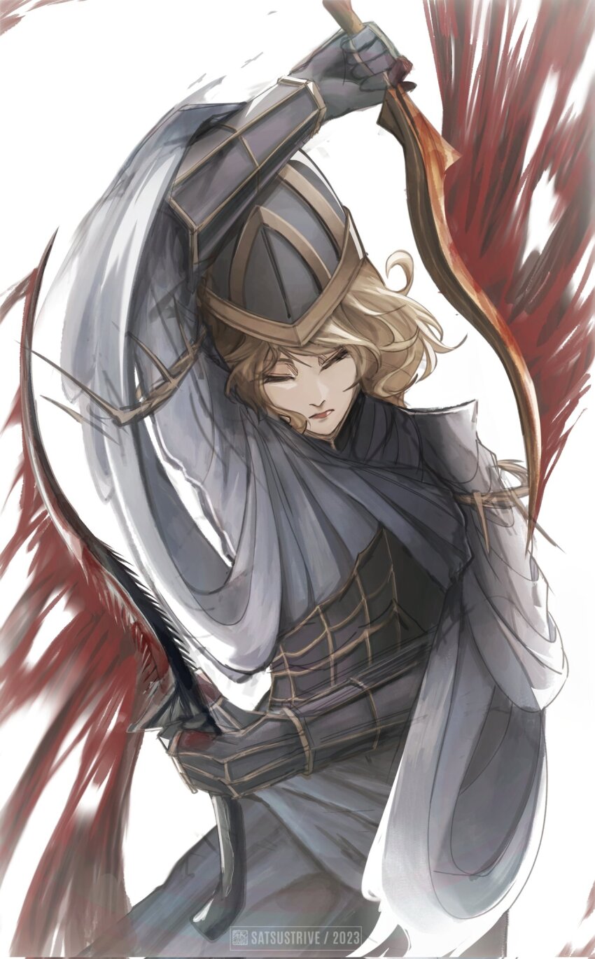 1girl 2023 arm_up artist_name black_gloves blonde_hair closed_eyes closed_mouth dark_souls_(series) dark_souls_i facing_viewer gloves gradient_background grey_background helmet highres holding holding_sword holding_weapon long_hair lord&#039;s_blade_ciaran no_mask satsu-strive solo sword weapon