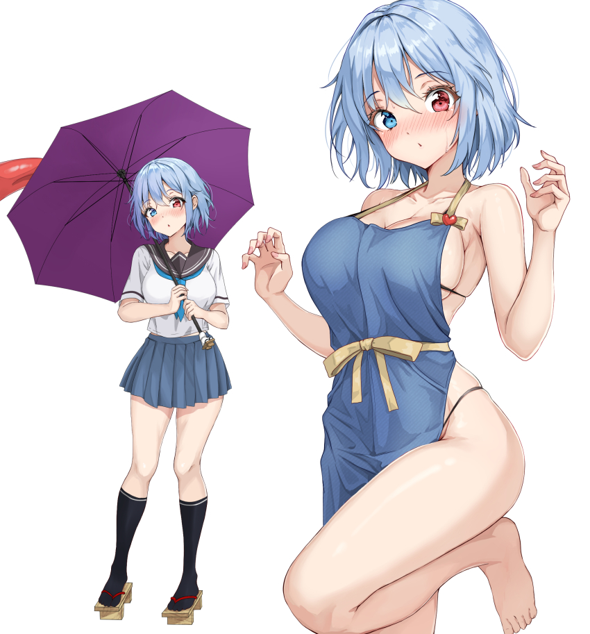 1girl alternate_costume amagi_(amagi626) apron blue_apron blue_eyes blue_hair blue_neckerchief blue_skirt blush breasts cleavage curious embarrassed full_body groin hair_between_eyes hands_up heart-shaped_ornament heterochromia highres holding holding_umbrella kneehighs large_breasts medium_hair midriff_peek miniskirt multiple_views naked_apron neckerchief open_mouth parted_lips pleated_skirt red_eyes sailor_collar sandals school_uniform serafuku short_hair skirt socks standing standing_on_one_leg staring tatara_kogasa thighs touhou umbrella