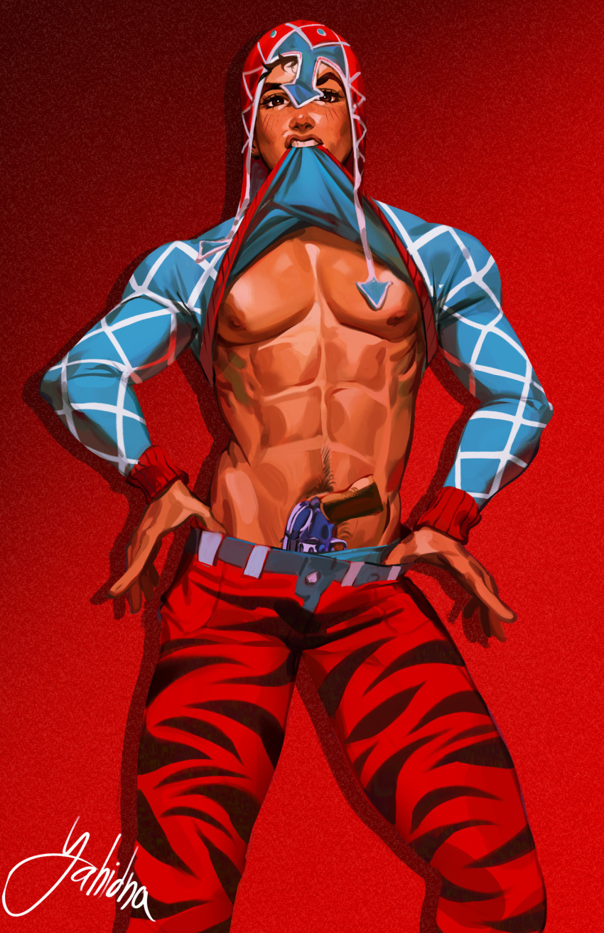 1boy abs animal_print argyle_clothes argyle_hat argyle_sweater biting biting_clothes blush clothes_lift dark-skinned_male dark_skin eyelashes guido_mista gun gun_in_pants hammerless handgun hat highres jojo_no_kimyou_na_bouken lips male_focus muscular muscular_male navel_hair nipples pectorals red_background revolver s short_hair signature standing sweater sweater_lift thick_eyebrows tiger_print vento_aureo weapon yahidna