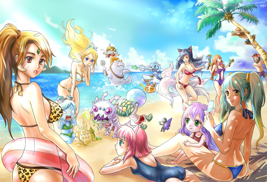 6+boys 6+girls ahri_(league_of_legends) amumu animal_ears animal_print annie_(league_of_legends) aqua_hair ass ball bandages bandeau barefoot beach beachball bikini black_hair black_male_swimwear black_swim_trunks blonde_hair blue_eyes blue_one-piece_swimsuit blue_skin breasts brown_eyes butt_crack center_opening chomper cleavage colored_skin corki day earrings facial_hair facial_mark fairy fish fizz_(league_of_legends) food forehead_jewel fox_ears fox_tail gangplank_(league_of_legends) goggles goggles_on_head green_eyes gun handgun hat highres innertube janna_(league_of_legends) jewelry kog&#039;maw league_of_legends leopard_print long_hair looking_back lulu_(league_of_legends) male_swimwear medium_breasts miss_fortune_(league_of_legends) multicolored_hair multiple_boys multiple_girls multiple_tails mustache navel nidalee ocean one-piece_swimsuit pale_skin parted_lips pistol pix_(league_of_legends) pointy_ears polearm popsicle purple_eyes purple_hair purple_skin red_hair sand sand_castle sand_sculpture shark short_hair smile sona_(league_of_legends) spatula spyglass strap_gap striped_clothes striped_one-piece_swimsuit swim_ring swim_trunks swimsuit tail tears teemo tiara tree trident tristana_(league_of_legends) urf weapon whisker_markings wukong_(league_of_legends) yellow_eyes yordle yummiclaire