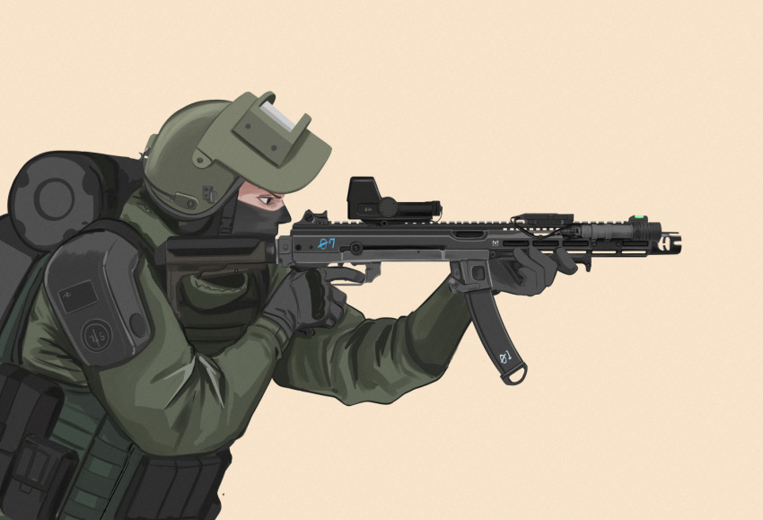 1boy aiming altyn_helmet ammunition_pouch angled_foregrip balaclava body_armor combat_helmet flashlight girls&#039;_frontline gloves gun helmet holding holding_weapon kcco_(girls&#039;_frontline) load_bearing_vest long_sleeves military_uniform optical_sight parabellum pouch pps-43 simple_background submachine_gun weapon