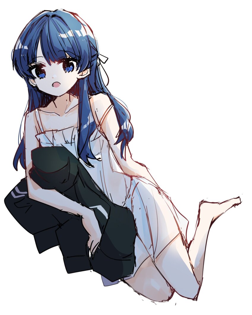 1girl :o bare_shoulders barefoot black_jacket blue_eyes blue_hair collarbone commentary frilled_nightgown full_body hair_ribbon half_updo highres holding holding_jacket holding_unworn_clothes jacket kanduki_kamibukuro link!_like!_love_live! long_hair looking_at_viewer love_live! mole mole_on_neck murano_sayaka nightgown ribbon see-through_nightgown simple_background sleeveless solo strap_slip unworn_jacket virtual_youtuber white_background white_nightgown yugiri_tsuzuri yugiri_tsuzuri_(summer_loungewear)