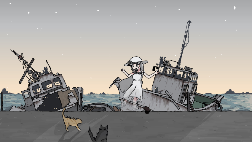 1girl absurdres animal cat dress emesan_desu ghost grey_eyes grey_hair hat highres long_hair ocean open_mouth original outdoors scenery shipwreck sleeveless sleeveless_dress solo sundress white_dress white_hat wide_shot
