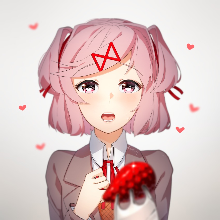 1girl blurry blurry_foreground blush commentary depth_of_field doki_doki_literature_club english_commentary feeding female_focus food fork fruit hair_ornament hair_ribbon hairclip heart highres incoming_food looking_at_viewer natsuki_(doki_doki_literature_club) open_mouth pink_eyes pink_hair pov pov_feeding red_ribbon ribbon sasoura school_uniform short_hair simple_background solo strawberry swept_bangs two_side_up upper_body white_background