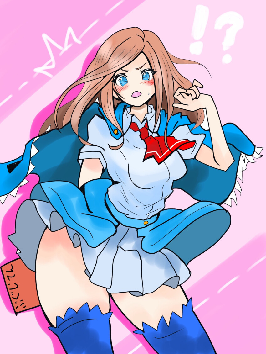 !? 1girl ^^^ ascot blue_capelet book brown_hair brown_shoes capelet castlevania:_portrait_of_ruin castlevania_(series) charlotte_aulin cowboy_shot highres holding holding_book looking_at_viewer pink_background red_ascot shirt shoes solo surprised thick_thighs thighhighs thighs translation_request white_shirt zaraki_onuma zettai_ryouiki