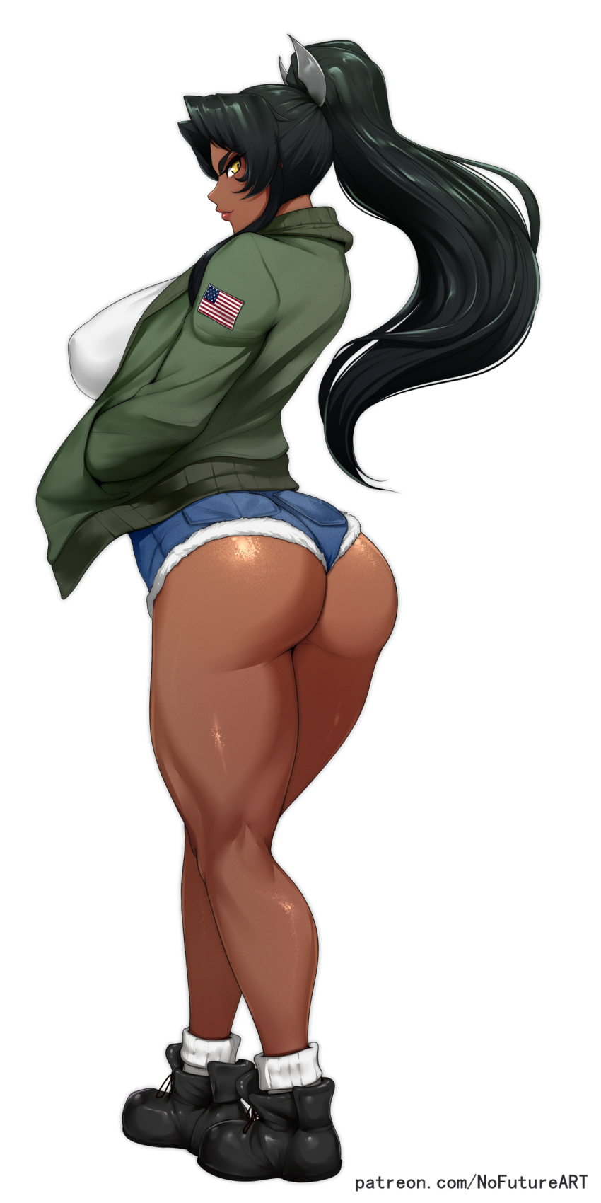 1girl absurdres american_flag ass ass_focus black_hair black_shoes breasts covered_erect_nipples dark-skinned_female dark_skin denim denim_shorts from_behind full_body green_jacket hands_in_pockets high_ponytail highres huge_breasts jacket large_breasts looking_at_viewer looking_back mirabell_bell muscular muscular_female nofuture patreon_username ponytail shirt shoes short_shorts shorts sideways_glance socks solo taimanin_(series) taimanin_rpgx white_background white_shirt white_socks yellow_eyes