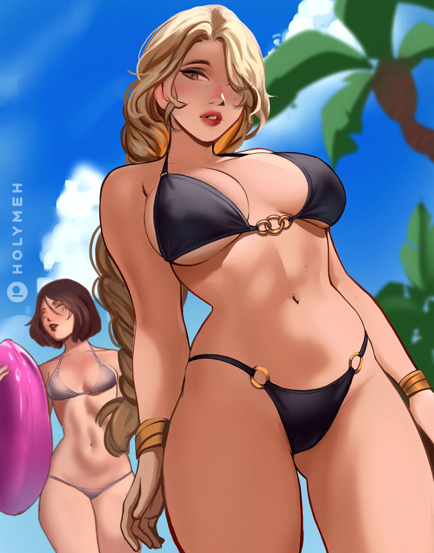 2girls bikini blonde_hair blurry blurry_background bracelet braid braided_ponytail breasts brown_hair day elden_ring gold_bracelet hair_over_one_eye highres holy_meh innertube jewelry large_breasts lips long_hair medium_breasts melina_(elden_ring) multiple_girls navel o-ring o-ring_bikini one_eye_closed outdoors patreon_username queen_marika_the_eternal short_hair silver_bikini swim_ring swimsuit yellow_eyes