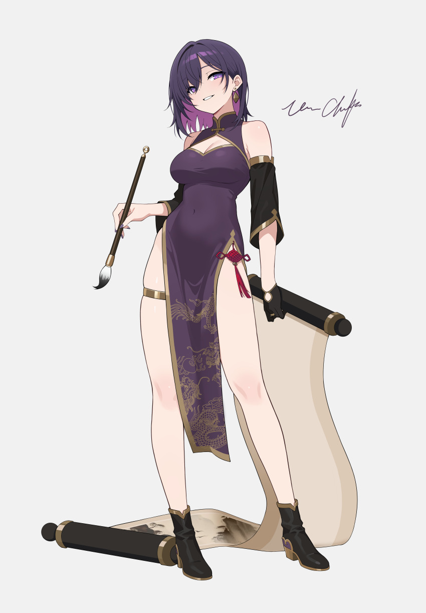 1girl absurdres bare_legs bare_shoulders breasts calligraphy_brush china_dress chinese_clothes cleavage cleavage_cutout clothing_cutout detached_sleeves dress earrings endless_knot gloves gold_thighlet high_heels highres holding holding_scroll jewelry large_breasts legs long_bangs looking_at_viewer mandarin_collar original paintbrush panchang_knot pelvic_curtain purple_eyes purple_hair scroll short_hair single_earring single_glove smug solo thighlet thighs vinnie_cheeks
