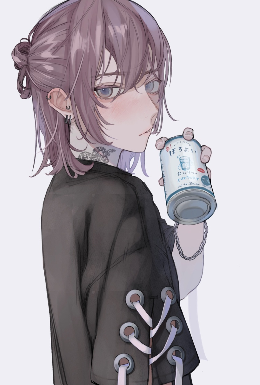 1boy black_jacket chain commentary_request drink earrings from_side grey_eyes hair_between_eyes hair_up hand_up highres holding holding_drink inukai_(inusuki_oc) jacket jewelry light_blush long_hair looking_at_viewer neck_tattoo original parted_lips purple_hair simple_background snake_tattoo solo tattoo teeth white_background wrist_chain