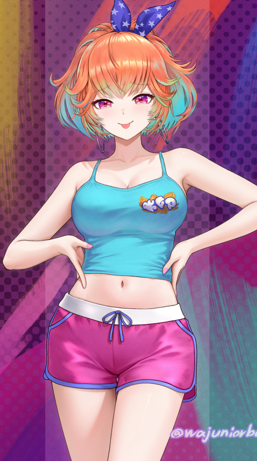 1girl :p bare_legs blue_camisole breasts camisole cleavage cowboy_shot crop_top dolphin_shorts earrings highres hololive hololive_english hoop_earrings jewelry legs medium_breasts midriff nail_polish navel pink_nails pink_shorts polka_dot polka_dot_background ponytail purple_eyes short_ponytail short_shorts shorts solo standing takanashi_kiara takanashi_kiara_(fever_night) thighs tongue tongue_out virtual_youtuber wajuniorbox wide_ponytail