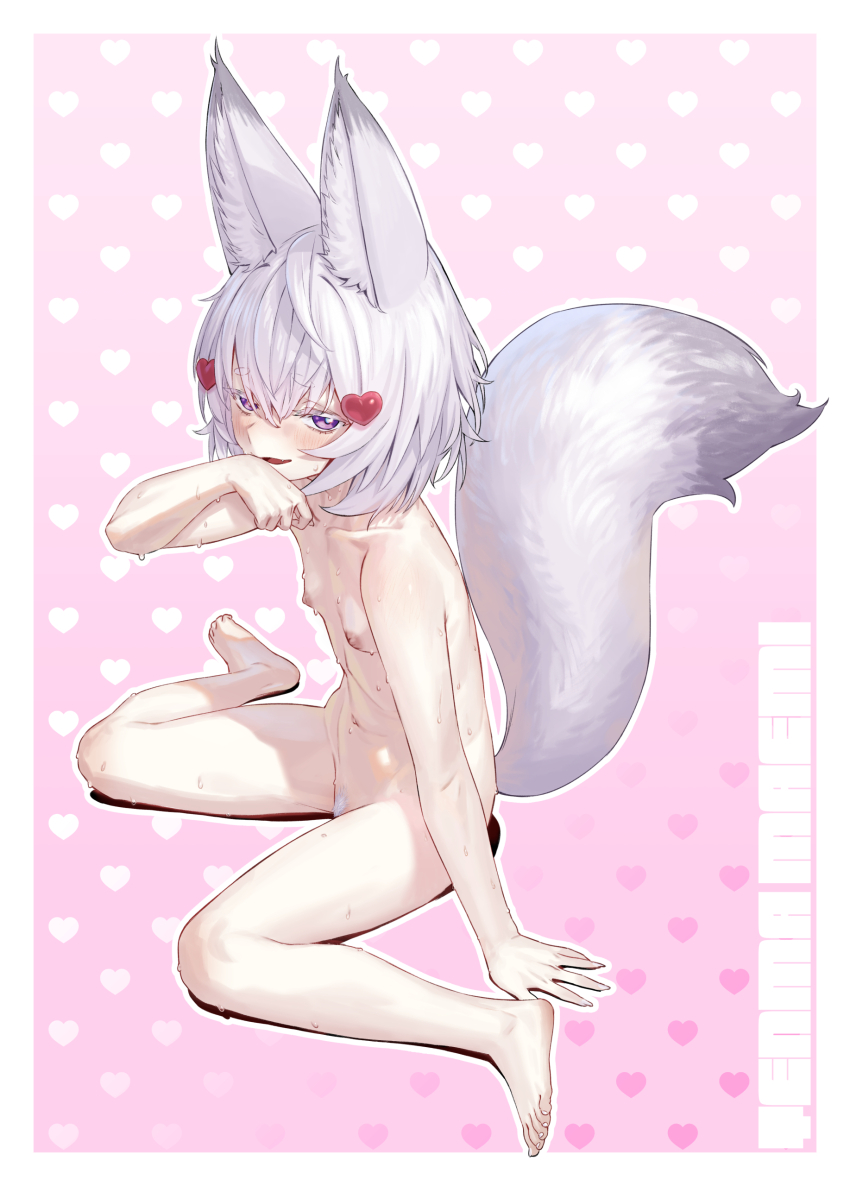 1girl absurdres agemmata animal_ear_fluff animal_ears arm_support barefoot between_legs blush bob_cut breasts character_name completely_nude dripping female_pubic_hair fox_ears fox_girl fox_tail full_body hair_ornament heart heart_hair_ornament highres large_tail looking_at_viewer navel nipples nude open_mouth phase_connect pink_eyes pubic_hair short_eyebrows short_hair sitting small_breasts solo tail tenma_maemi thick_eyebrows virtual_youtuber wariza wet white_hair white_pubic_hair white_tail
