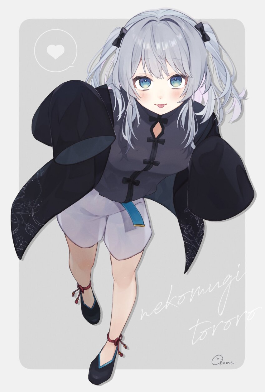 1girl black_bow black_coat black_shirt black_shoes blue_eyes blush border bow character_name coat commentary full_body grey_hair grey_shorts hair_bow hashtag-only_commentary heart highres indie_virtual_youtuber looking_at_viewer nekomugi_tororo okome_(omc_0905) open_clothes open_coat outside_border shirt shoes shorts signature solo tongue tongue_out two_side_up virtual_youtuber white_border
