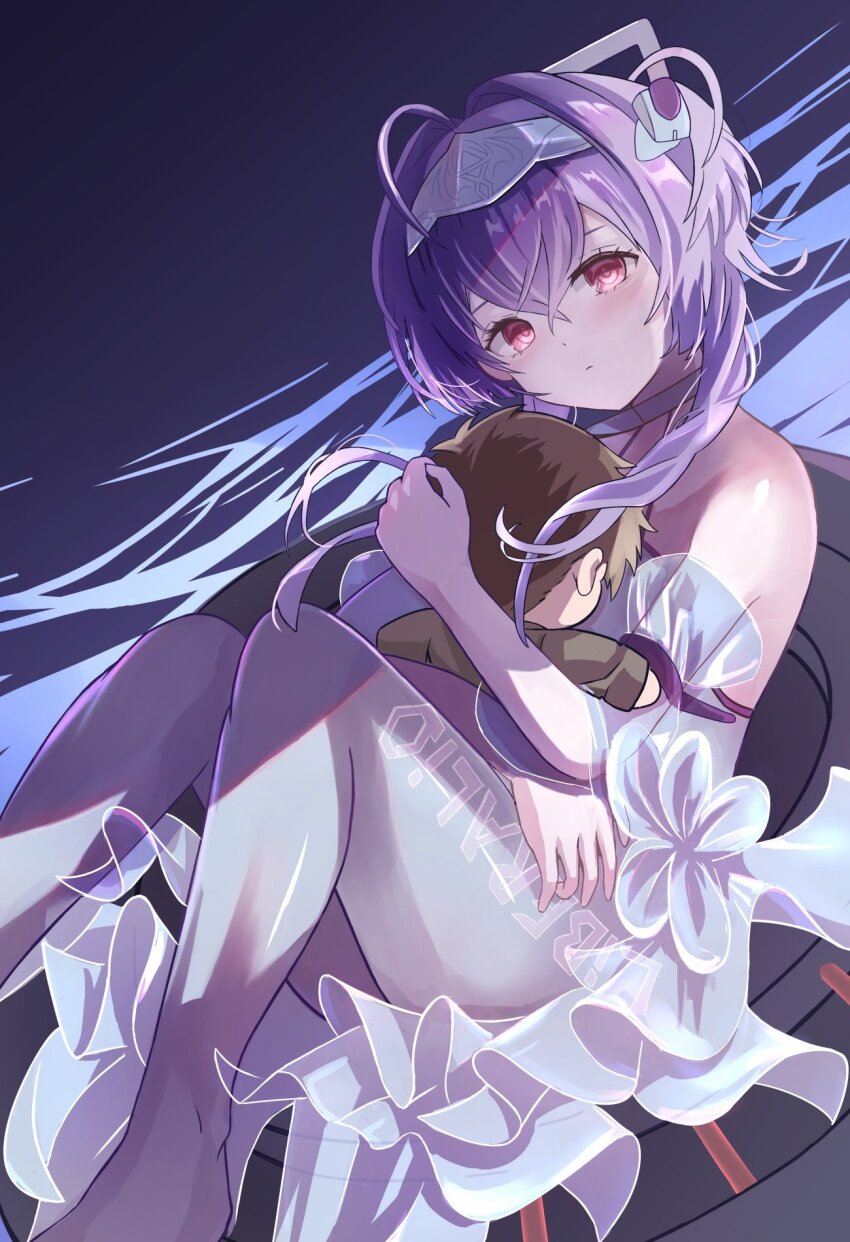 1girl ahoge character_doll character_name commander_(nikke) detached_sleeves doll frills goddess_of_victory:_nikke hair_between_eyes hair_intakes hairband headgear highres hugging_doll hugging_object knees_up leotard liberalio_(nikke) looking_at_viewer lunati_nikke lying pantyhose purple_hair red_eyes short_hair_with_long_locks two_side_up white_leotard white_pantyhose