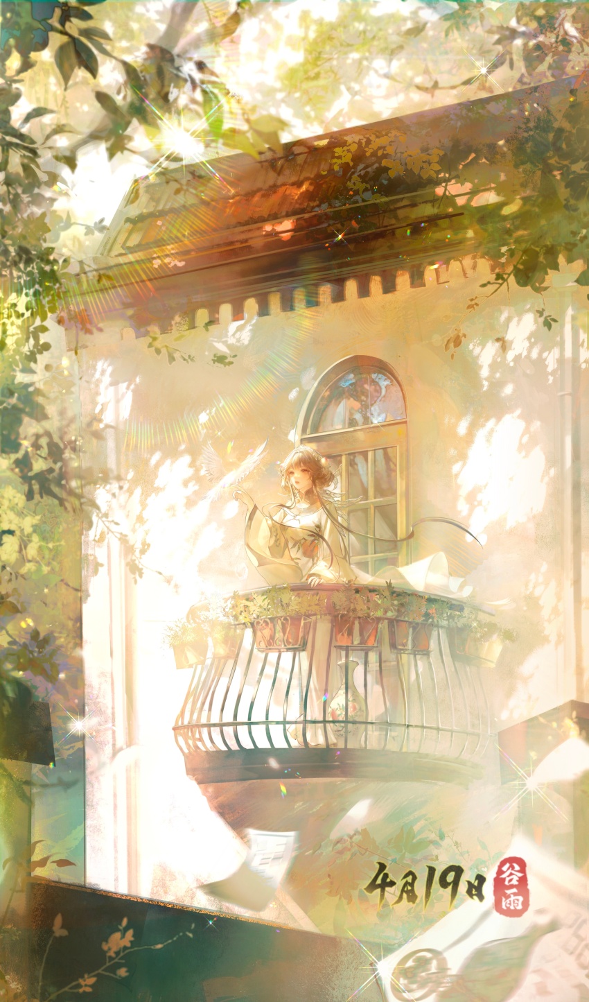 1girl absurdres balcony bird black_hair chinese_clothes dated day dove expressionless eyelashes floating_hair full_body futao_ping_(wuhua_mixin) hairband hanfu highres house jiaopiupiu lens_flare light_particles light_rays long_sidelocks long_sleeves looking_at_another morning official_art outdoors outstretched_hand peach_hat_ornament pink_eyes short_hair_with_long_locks sidelocks solo sparkle standing sunlight tree vase white_hairband white_hanfu wide_sleeves wuhua_mixin