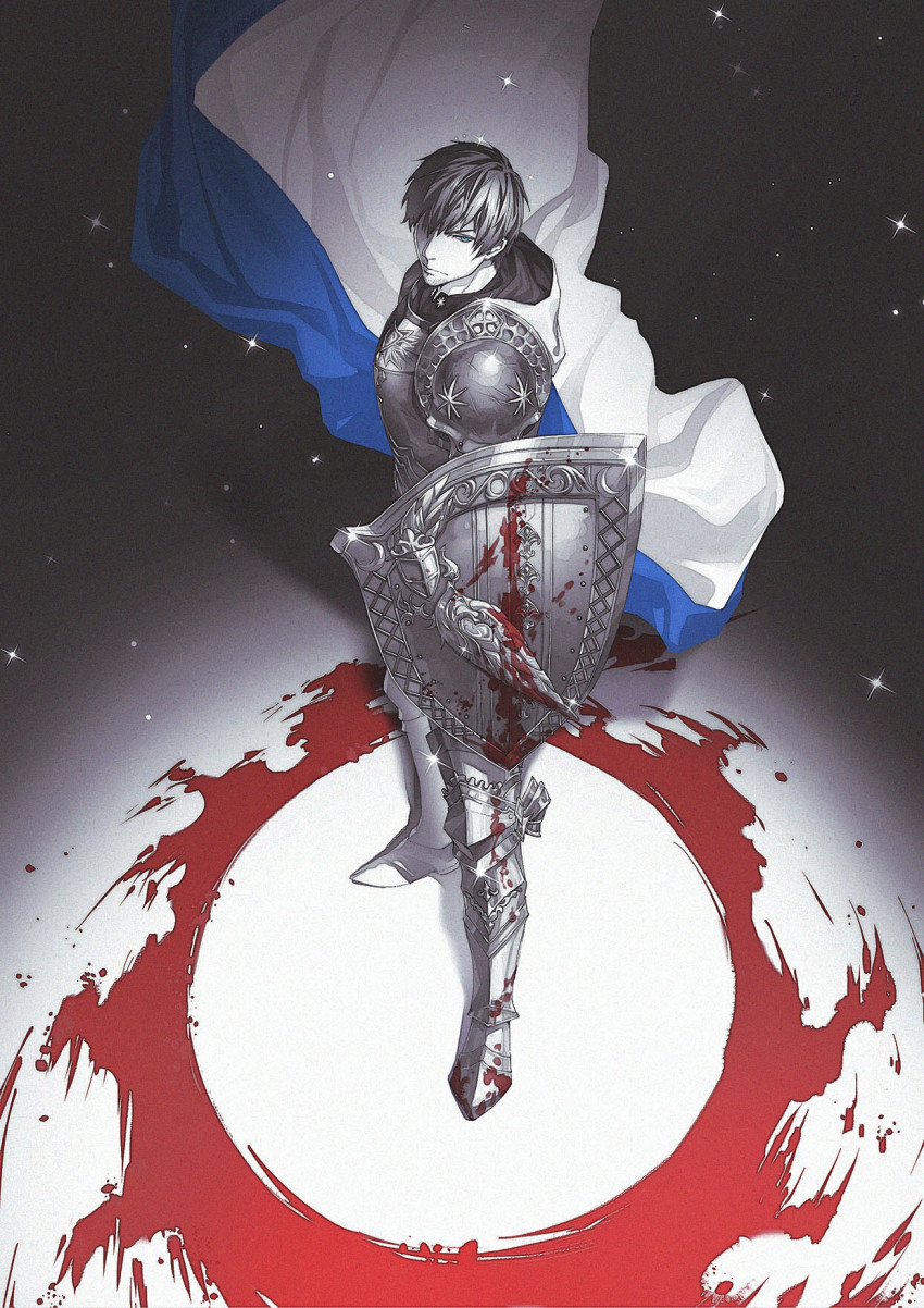 1boy adventurer_(ff14) armor blood blood_on_leg bloody_weapon blue_cape blue_eyes breastplate cape facial_hair film_grain final_fantasy final_fantasy_xiv from_above full_body gradient_background greaves grey_background grey_hair highres holding holding_shield hood hood_down hooded_cape hyur legs_apart limited_palette logo looking_afar male_focus one_eye_covered paladin_(final_fantasy) pauldrons serious shield short_hair shoulder_armor solo sparkle standing stubble two-sided_fabric v-shaped_eyebrows warrior_of_light_(ff14) weapon white_cape zmeoow