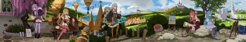 5girls ahoge aircraft animal argyle_clothes argyle_thighhighs art_brush backpack bag bare_shoulders basket belt bench bird black_footwear black_jacket black_sleeves blue_dress blue_eyes blue_hair blue_ribbon blue_thighhighs blunt_bangs book boots bottle boulder braid bread breasts building cleavage_cutout cliff clothing_cutout cloud cloudy_sky cobblestone commentary criss-cross_halter cropped_jacket crossed_legs day detached_sleeves dress easel flower folder food framed_breasts frying_pan full_body fur-trimmed_jacket fur_trim grey_dress grey_hair hair_ornament hair_ribbon halterneck high_heel_boots high_heels highres hill holding holding_book holding_folder holding_food holding_map holding_paper holding_pencil holding_pocket_watch hot_air_balloon jacket kizuna_akari kotonoha_akane kotonoha_aoi lace lace-trimmed_skirt lace-trimmed_sleeves lace-trimmed_thighhighs lace-up_boots lace_trim leaning_forward light_smile lilac long_hair long_image looking_down looking_up map medium_breasts miniskirt mountain multiple_girls necktie ocean open_mouth orange_leggings outdoors paint_palette paintbrush painting_(object) paper pencil pier pink_hair plant pocket_watch potted_plant pouch purple_dress purple_flower purple_hair purple_jacket purple_thighhighs red_eyes red_footwear red_necktie red_ribbon red_skirt red_thighhighs ribbon sandwich saucepan scenery scroll shirt shore short_hair_with_long_locks short_necktie shoulder_bag siblings sidelocks sisters sitting skirt sky sleeveless sleeveless_dress smile stairs standing steeple striped_leggings teeth thighhighs toriatamastudio tree tsurumaki_maki twin_braids upper_teeth_only vertical-striped_leggings very_long_hair village vocaloid voiceroid watch weather_vane white_shirt wide_image wide_shot window windowsill yuzuki_yukari