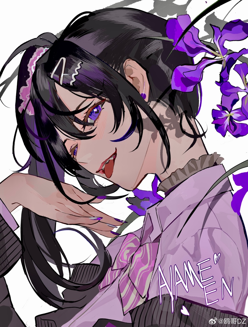 1girl absurdres ayame_en_(ouge_dz) black_choker black_hair black_jacket bow bowtie character_name chinese_commentary choker collared_shirt colored_inner_hair commentary_request earrings eyelashes fangs flower frilled_choker frills gyaru hair_between_eyes hair_ornament hair_scrunchie hairclip hand_in_own_hair head_tilt highres iris_(flower) jacket jacket_partially_removed jewelry layered_sleeves lipstick long_sleeves looking_at_viewer makeup multicolored_hair nail_art nail_polish open_mouth original ouge_dz pink_lips pink_scrunchie purple_bow purple_bowtie purple_eyes purple_flower purple_hair purple_nails purple_shirt scrunchie shirt side_ponytail simple_background smile solo striped_bow striped_bowtie striped_clothes stud_earrings sweater_jacket teeth tongue two-tone_hair upper_body upper_teeth_only watermark weibo_watermark white_background