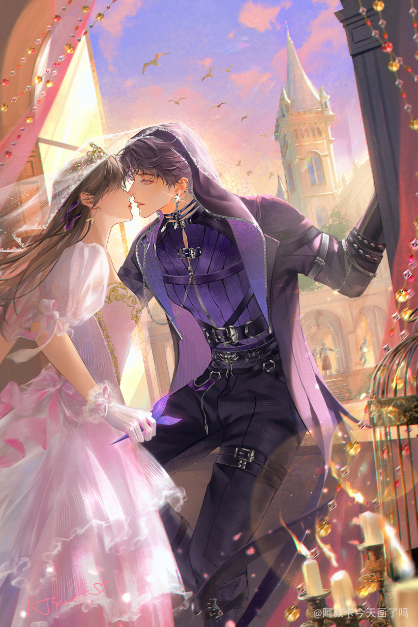 1boy 1girl absurdres asukaashuka back_bow belt bird birdcage black_belt black_choker black_pants bow breasts bridal_veil brown_hair cage candle candlestand castle chinese_commentary choker cloud couple curtains dart dress ear_chain ear_piercing earrings feet_out_of_frame gloves gold_trim hair_over_eyes harness hetero highres holding_dart hood hood_up hooded_jacket imminent_kiss indoors jacket jewelry lapel_pin lens_flare long_dress long_hair love_and_deepspace medium_breasts open_clothes open_jacket palace pants parted_bangs parted_lips piercing pink_bow profile protagonist_(love_and_deepspace) puffy_short_sleeves puffy_sleeves purple_hair purple_jacket purple_shirt rafayel_(love_and_deepspace) see-through_curtains shared_veil shirt short_hair short_sleeves sitting_in_window standing thigh_belt thigh_strap tiara tower upper_body veil watermark wedding_dress weibo_watermark white_dress white_gloves window windowsill zipper