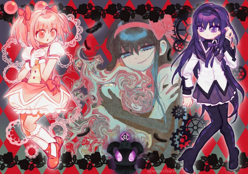 2girls akemi_homura akemi_homura_(magical_girl) akuma_homura argyle_background boots border bow bow_hairband bubble_skirt choker collared_shirt crown dress dual_persona elbow_gloves gears gloves hair_bow hairband high_heel_boots high_heels highres hug kaname_madoka kaname_madoka_(magical_girl) kneehighs knees_together_feet_apart laz_(wancchaco) long_hair long_sleeves looking_at_another mahou_shoujo_madoka_magica mahou_shoujo_madoka_magica:_hangyaku_no_monogatari mary_janes miniskirt multiple_girls pink_dress pink_eyes pink_hair pleated_skirt puffy_short_sleeves puffy_sleeves purple_eyes purple_hair shirt shoes short_hair short_sleeves skirt socks standing thigh_boots twintails ultimate_madoka undershirt white_gloves white_shirt