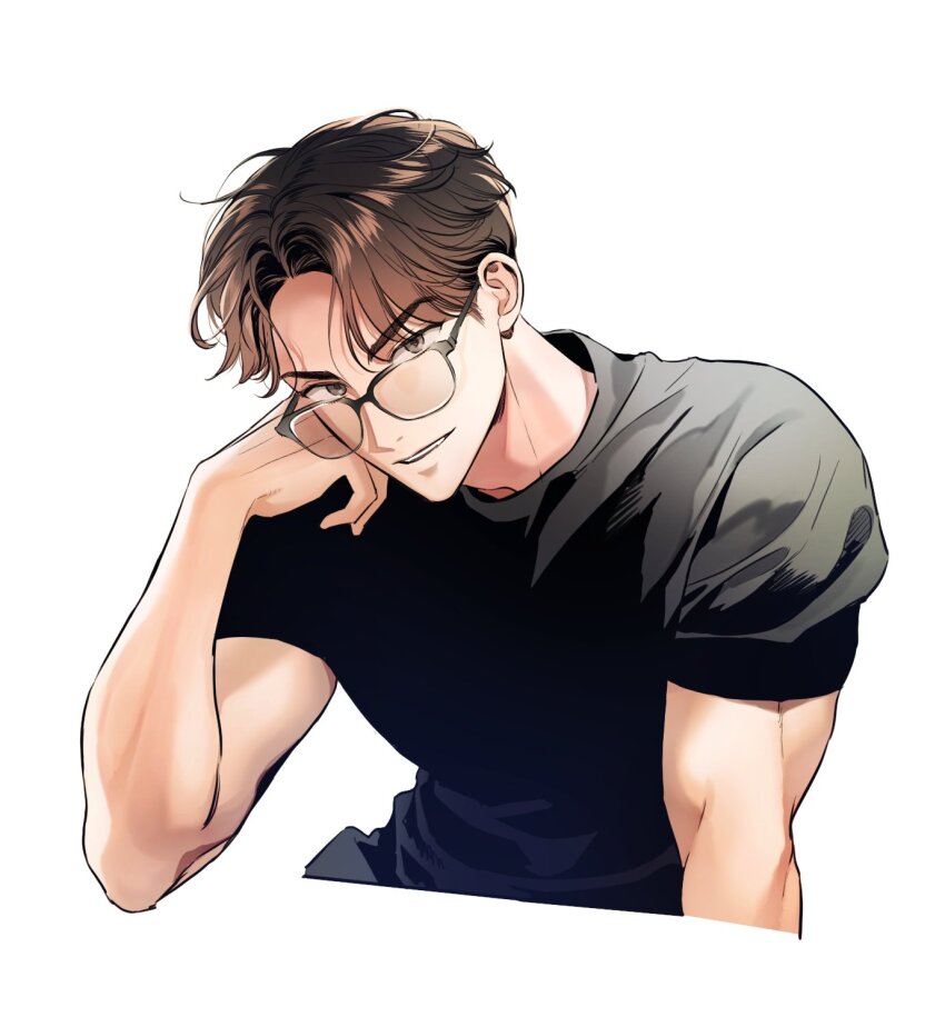 1boy animification black_shirt brown_eyes brown_hair commentary highres izzi315 k-pop light_smile looking_at_viewer male_focus mingyu seventeen_(group) shirt short_hair simple_background smile solo sunglasses symbol-only_commentary t-shirt upper_body white_background
