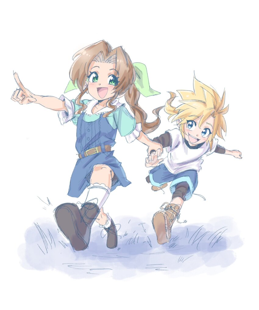 1boy 1girl aerith_gainsborough aqua_shirt bervens12 bike_shorts black_shirt black_shorts blonde_hair blue_dress blue_eyes blue_shorts boots brown_boots brown_hair child cloud_strife dress final_fantasy final_fantasy_vii final_fantasy_vii_remake full_body green_eyes green_ribbon hair_between_eyes hair_ribbon highres holding_hands low_ponytail official_alternate_costume open_mouth parted_bangs pointing ponytail puffy_short_sleeves puffy_sleeves ribbon shirt shirt_under_dress shirt_under_shirt short_sleeves shorts sidelocks smile socks spiked_hair time_paradox white_background white_shirt white_socks